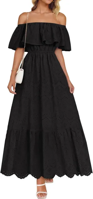 ZESICA Women's 2025 Summer Off Shoulder Ruffle Midi Dress Short Sleeve High Waist Hollow Out Embroidery Party Dresses