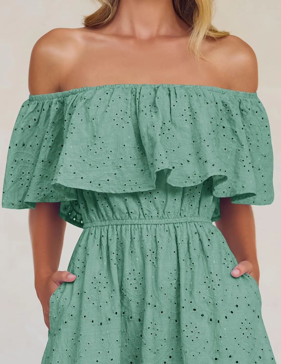 ZESICA Women's 2025 Summer Off Shoulder Ruffle Midi Dress Short Sleeve High Waist Hollow Out Embroidery Party Dresses