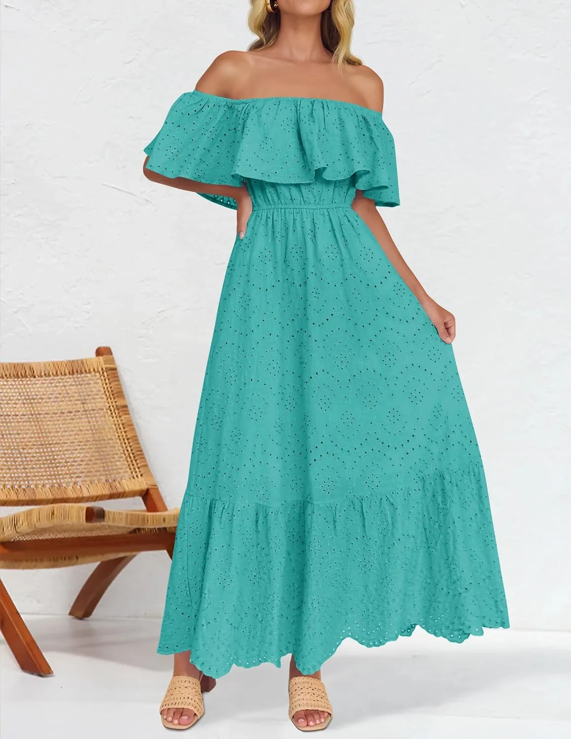 ZESICA Women's 2025 Summer Off Shoulder Ruffle Midi Dress Short Sleeve High Waist Hollow Out Embroidery Party Dresses