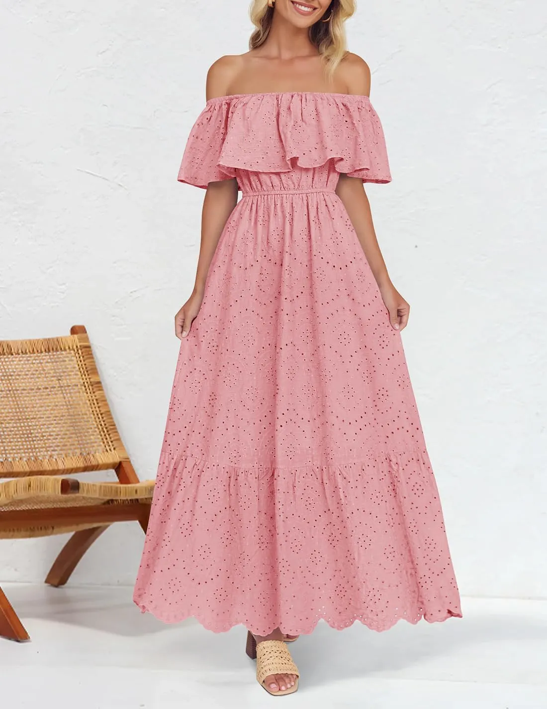 ZESICA Women's 2025 Summer Off Shoulder Ruffle Midi Dress Short Sleeve High Waist Hollow Out Embroidery Party Dresses