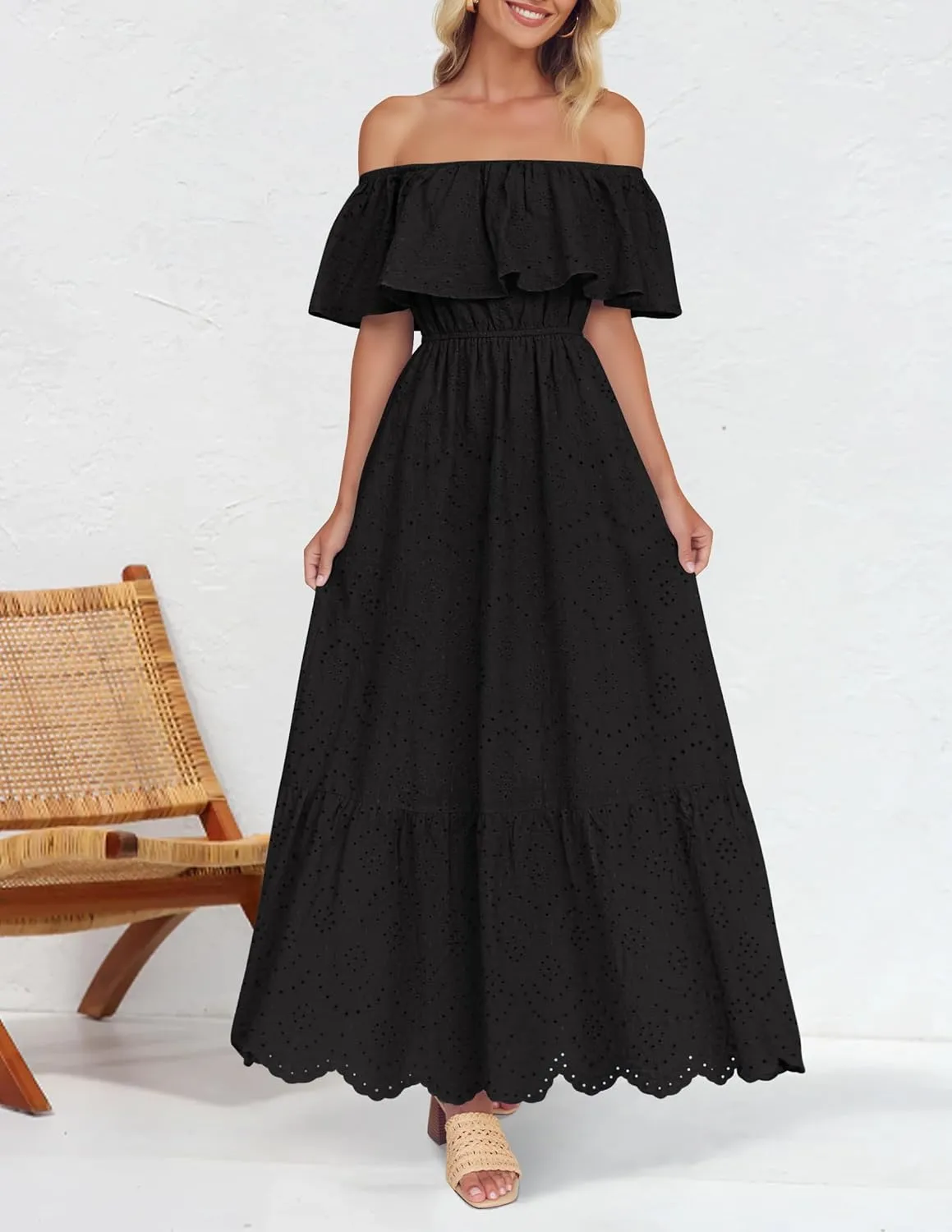ZESICA Women's 2025 Summer Off Shoulder Ruffle Midi Dress Short Sleeve High Waist Hollow Out Embroidery Party Dresses
