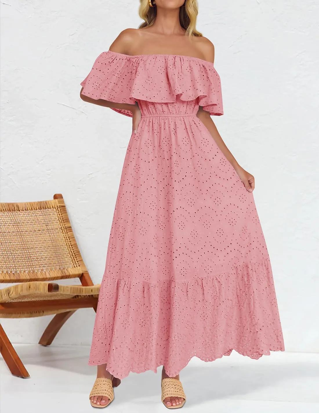 ZESICA Women's 2025 Summer Off Shoulder Ruffle Midi Dress Short Sleeve High Waist Hollow Out Embroidery Party Dresses