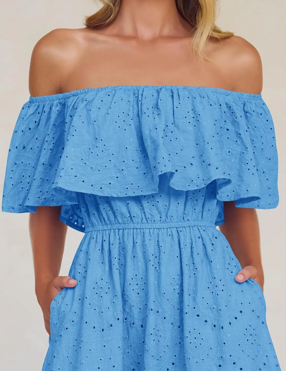 ZESICA Women's 2025 Summer Off Shoulder Ruffle Midi Dress Short Sleeve High Waist Hollow Out Embroidery Party Dresses