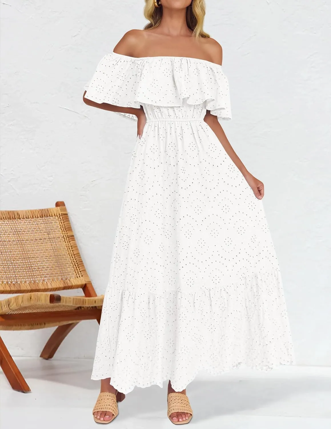 ZESICA Women's 2025 Summer Off Shoulder Ruffle Midi Dress Short Sleeve High Waist Hollow Out Embroidery Party Dresses