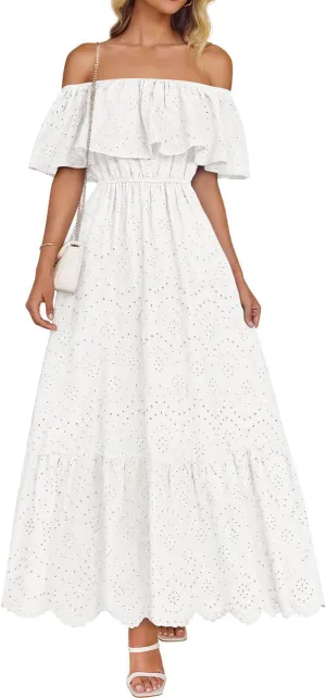 ZESICA Women's 2025 Summer Off Shoulder Ruffle Midi Dress Short Sleeve High Waist Hollow Out Embroidery Party Dresses