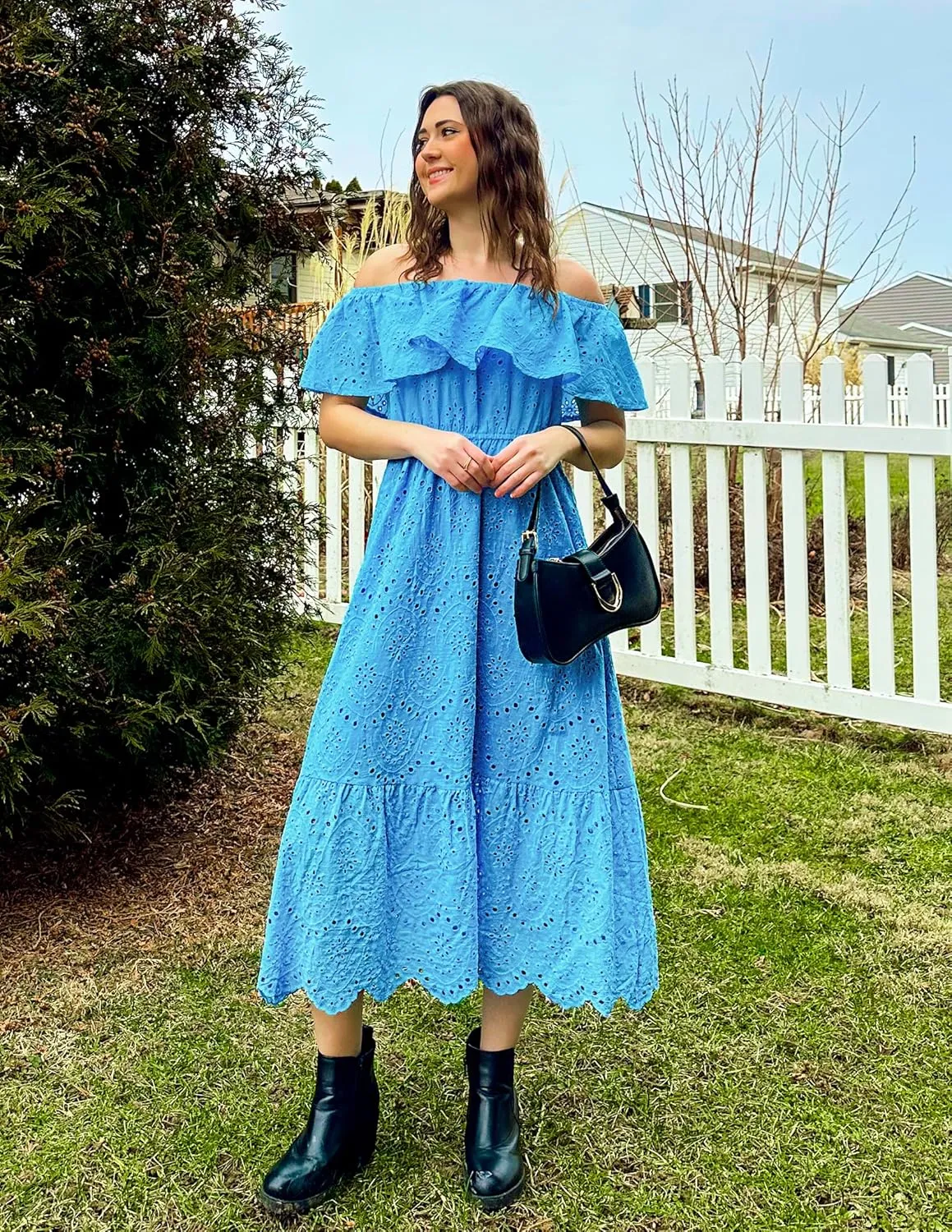 ZESICA Women's 2025 Summer Off Shoulder Ruffle Midi Dress Short Sleeve High Waist Hollow Out Embroidery Party Dresses