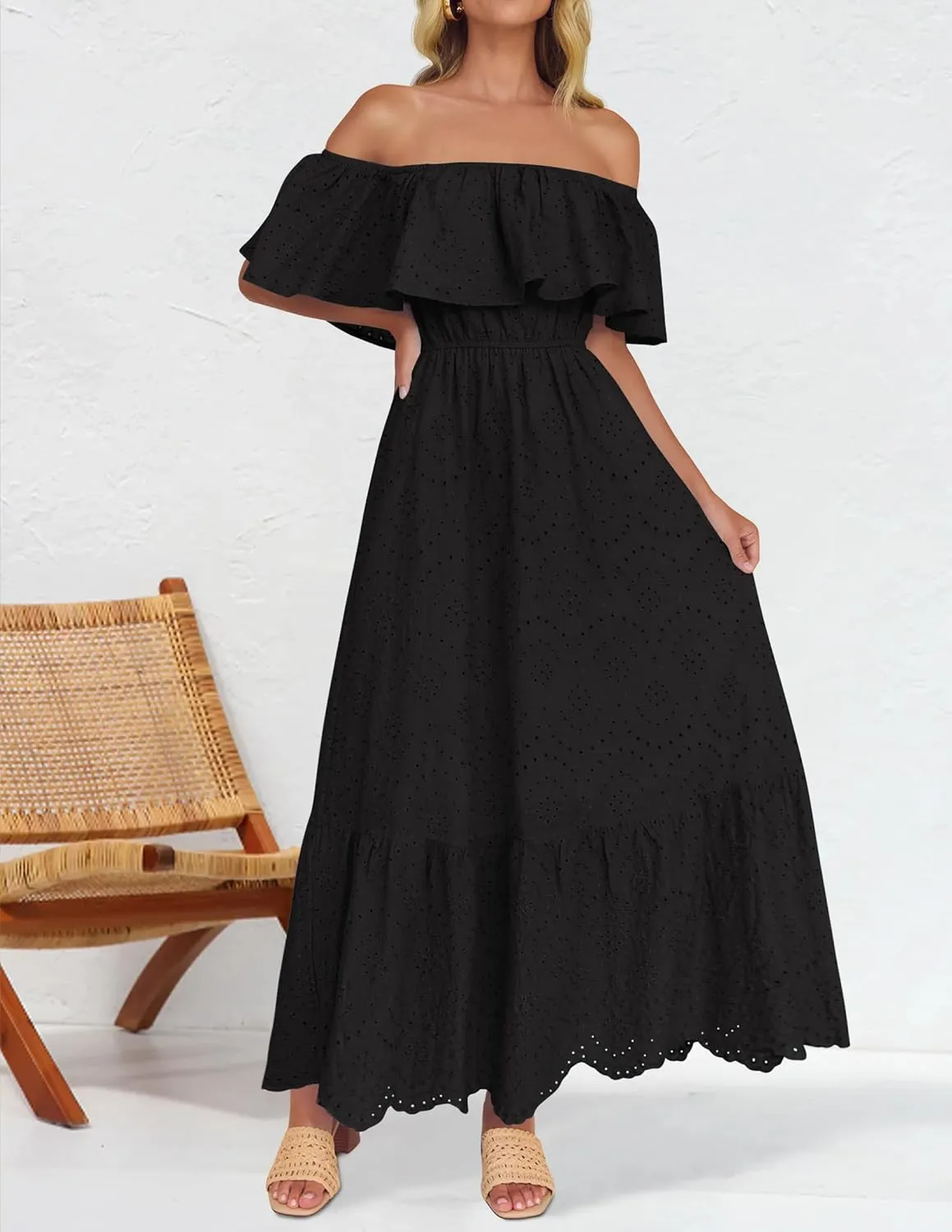 ZESICA Women's 2025 Summer Off Shoulder Ruffle Midi Dress Short Sleeve High Waist Hollow Out Embroidery Party Dresses