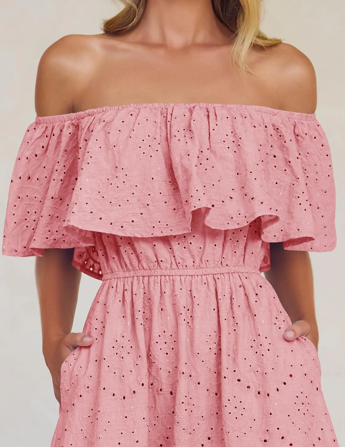 ZESICA Women's 2025 Summer Off Shoulder Ruffle Midi Dress Short Sleeve High Waist Hollow Out Embroidery Party Dresses