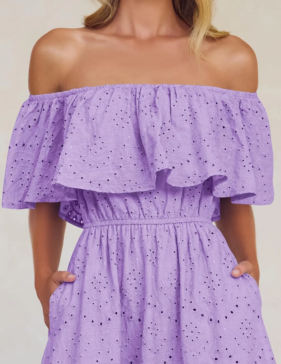 ZESICA Women's 2025 Summer Off Shoulder Ruffle Midi Dress Short Sleeve High Waist Hollow Out Embroidery Party Dresses