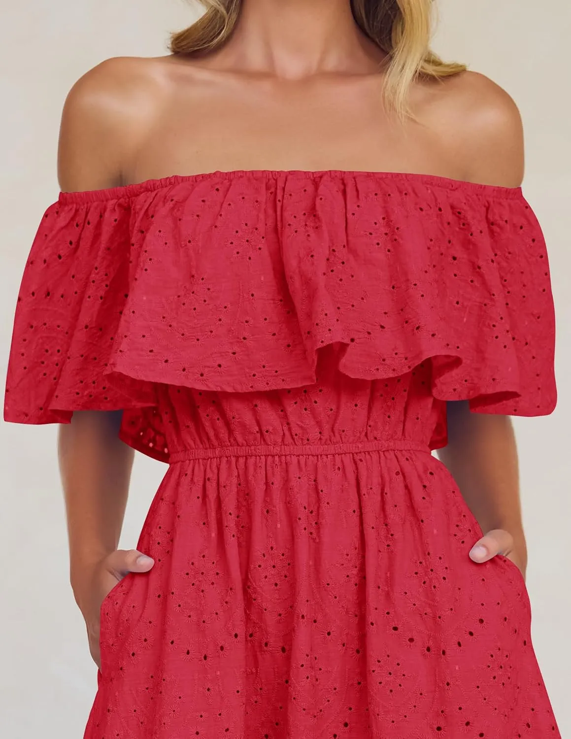 ZESICA Women's 2025 Summer Off Shoulder Ruffle Midi Dress Short Sleeve High Waist Hollow Out Embroidery Party Dresses