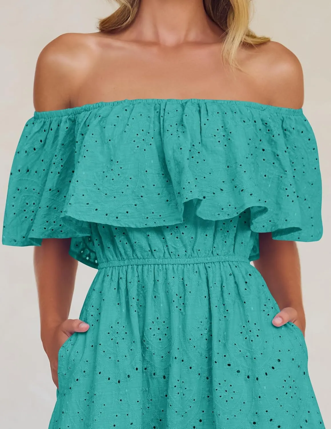 ZESICA Women's 2025 Summer Off Shoulder Ruffle Midi Dress Short Sleeve High Waist Hollow Out Embroidery Party Dresses