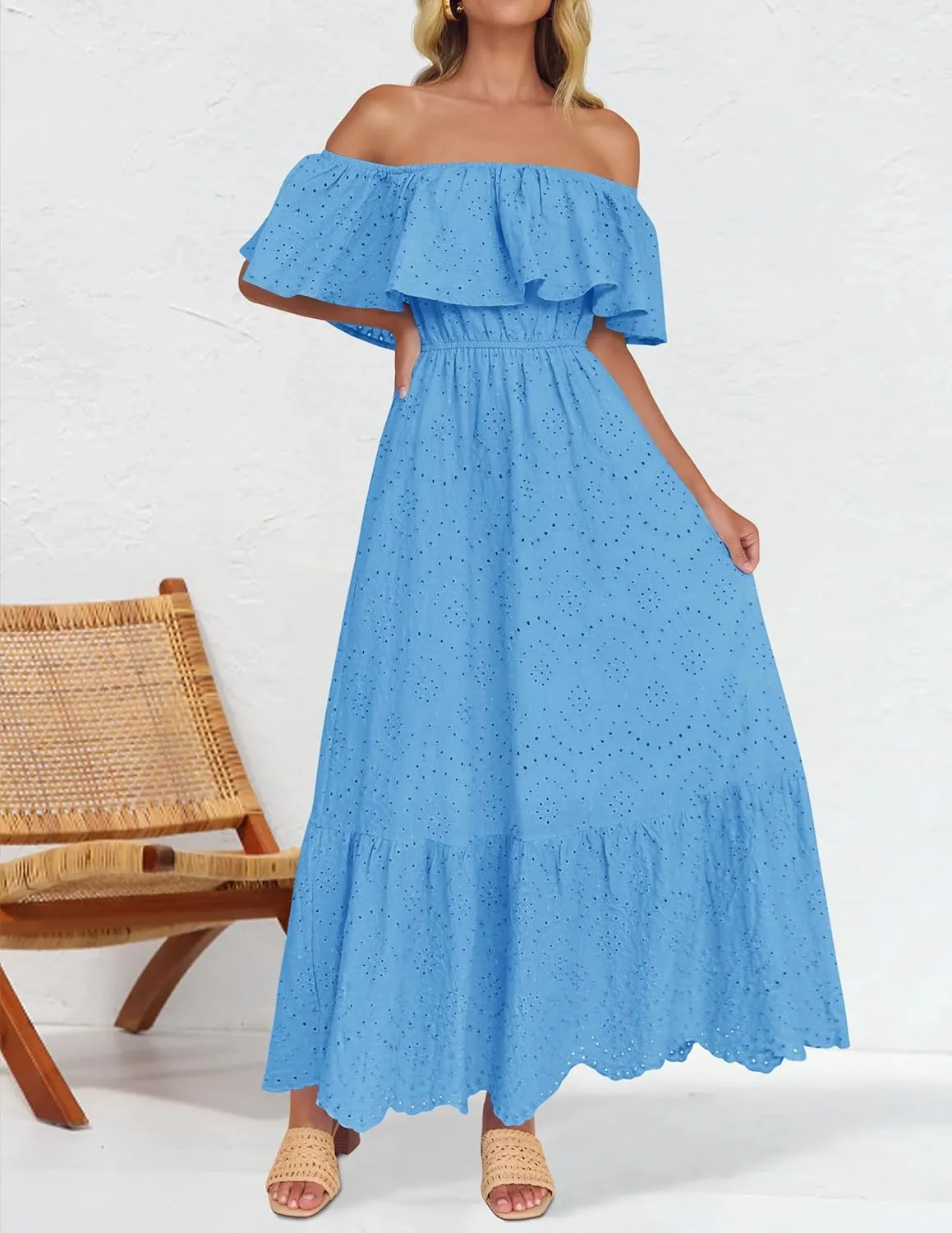 ZESICA Women's 2025 Summer Off Shoulder Ruffle Midi Dress Short Sleeve High Waist Hollow Out Embroidery Party Dresses