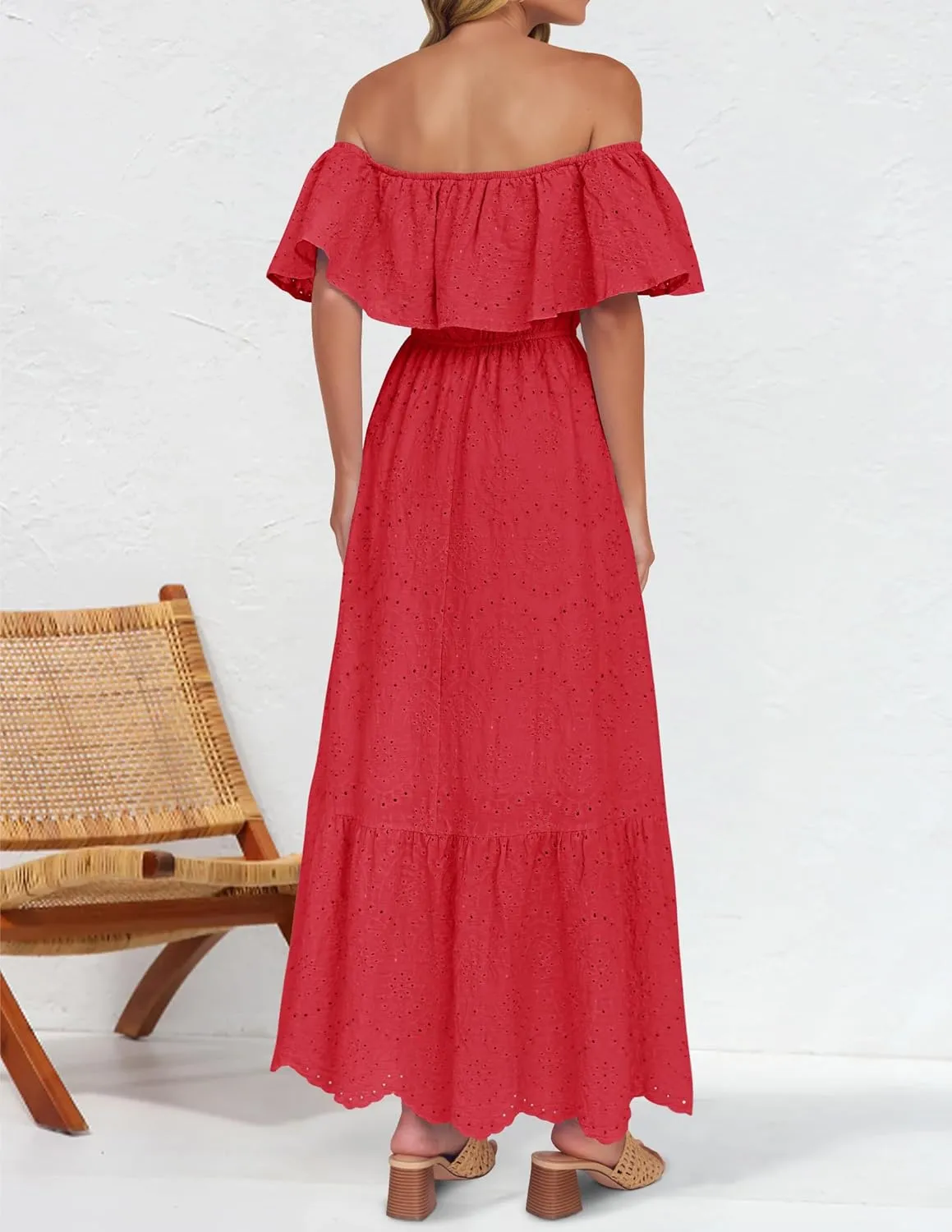 ZESICA Women's 2025 Summer Off Shoulder Ruffle Midi Dress Short Sleeve High Waist Hollow Out Embroidery Party Dresses