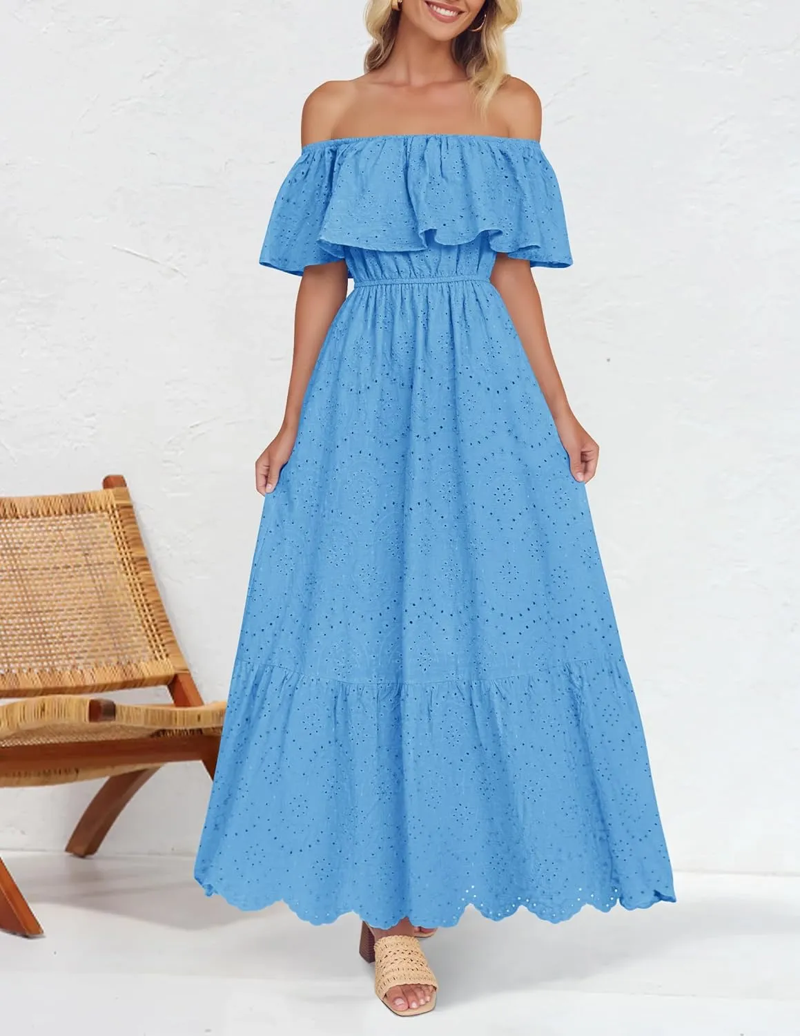 ZESICA Women's 2025 Summer Off Shoulder Ruffle Midi Dress Short Sleeve High Waist Hollow Out Embroidery Party Dresses