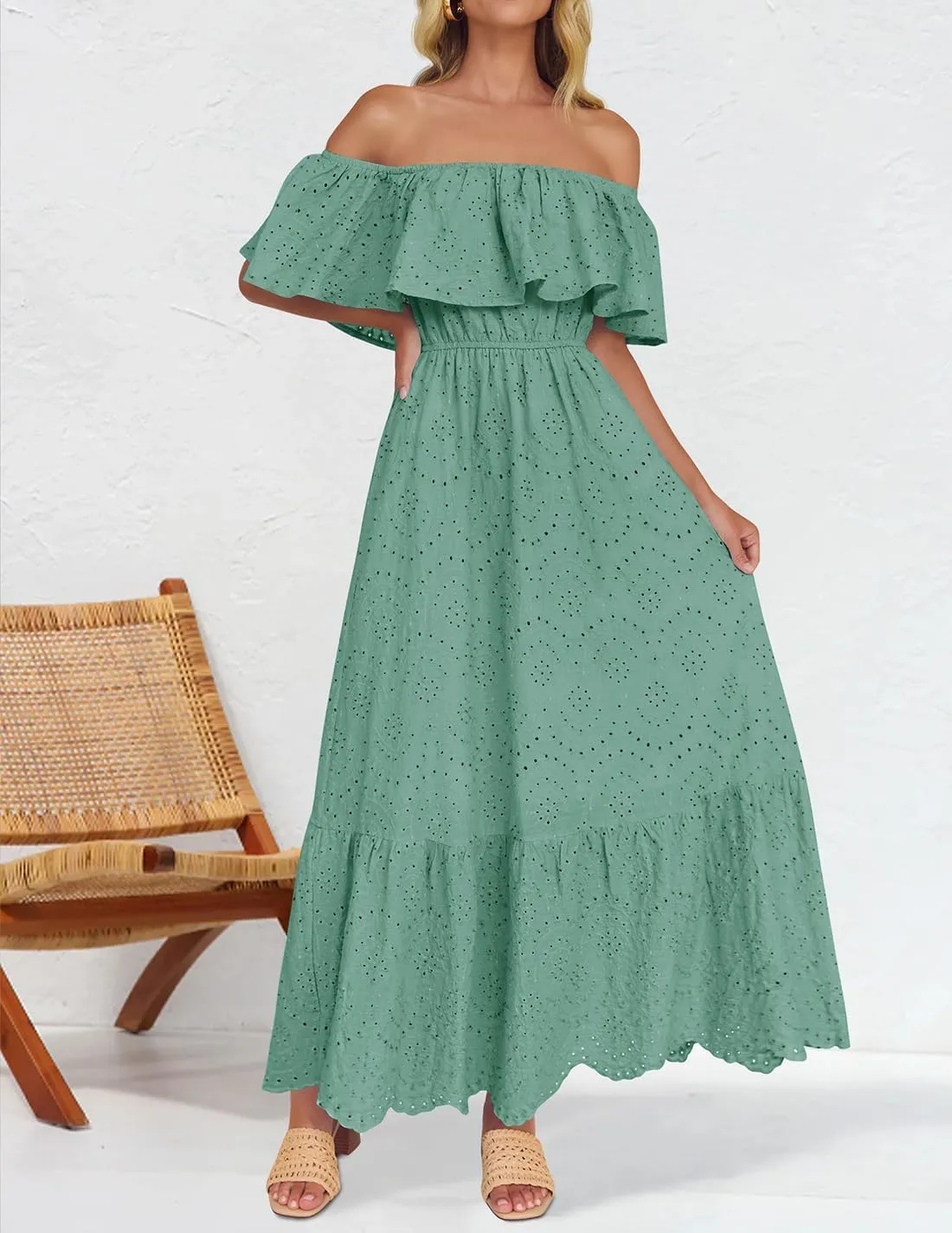 ZESICA Women's 2025 Summer Off Shoulder Ruffle Midi Dress Short Sleeve High Waist Hollow Out Embroidery Party Dresses