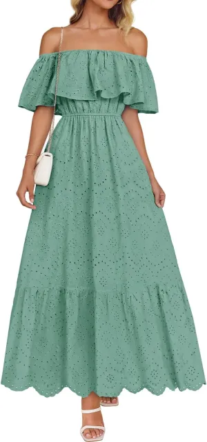 ZESICA Women's 2025 Summer Off Shoulder Ruffle Midi Dress Short Sleeve High Waist Hollow Out Embroidery Party Dresses