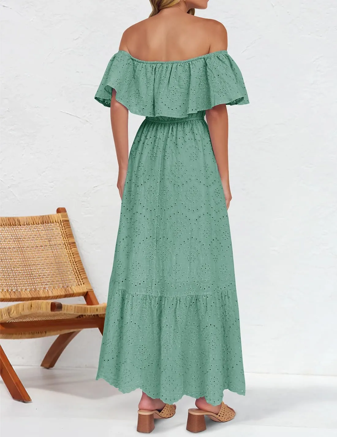 ZESICA Women's 2025 Summer Off Shoulder Ruffle Midi Dress Short Sleeve High Waist Hollow Out Embroidery Party Dresses