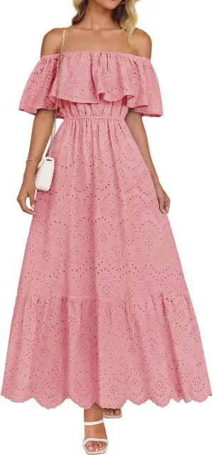 ZESICA Women's 2025 Summer Off Shoulder Ruffle Midi Dress Short Sleeve High Waist Hollow Out Embroidery Party Dresses