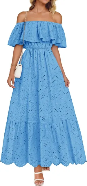 ZESICA Women's 2025 Summer Off Shoulder Ruffle Midi Dress Short Sleeve High Waist Hollow Out Embroidery Party Dresses