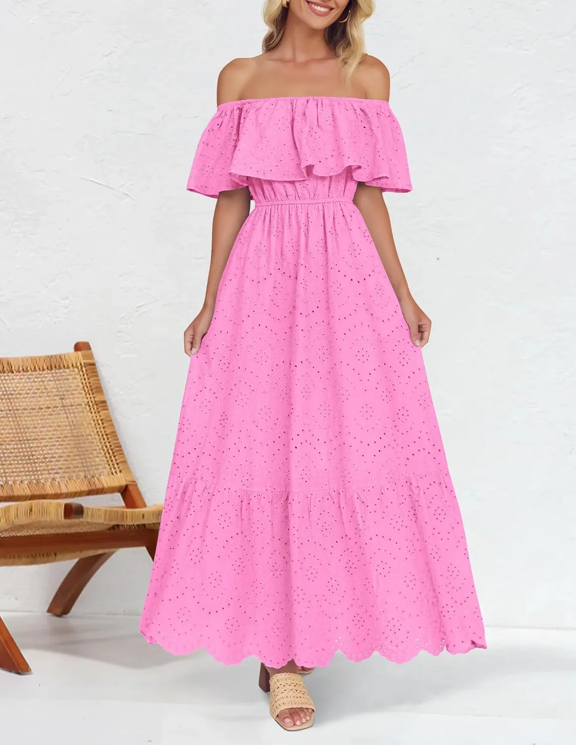 ZESICA Women's 2025 Summer Off Shoulder Ruffle Midi Dress Short Sleeve High Waist Hollow Out Embroidery Party Dresses