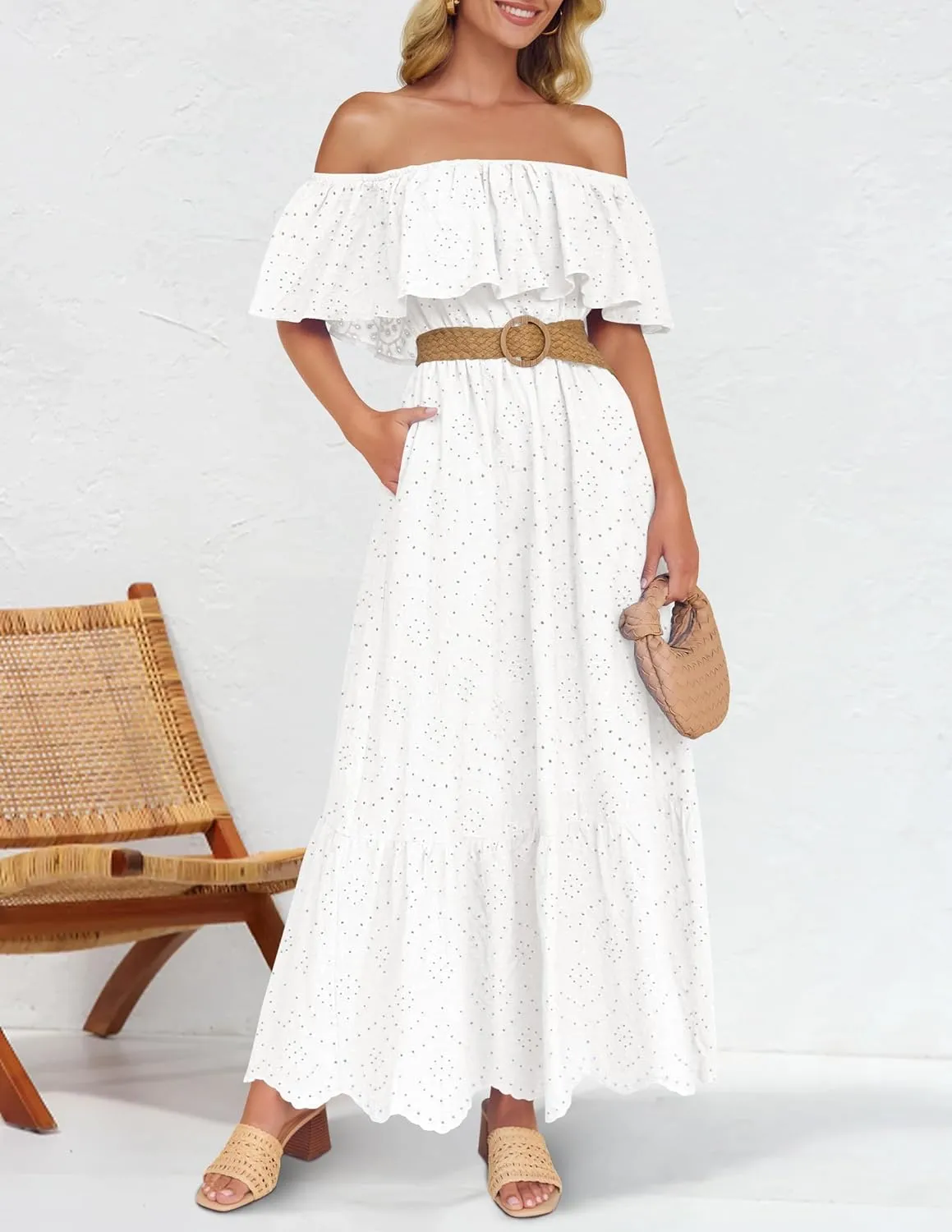 ZESICA Women's 2025 Summer Off Shoulder Ruffle Midi Dress Short Sleeve High Waist Hollow Out Embroidery Party Dresses