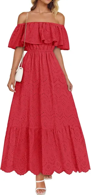 ZESICA Women's 2025 Summer Off Shoulder Ruffle Midi Dress Short Sleeve High Waist Hollow Out Embroidery Party Dresses
