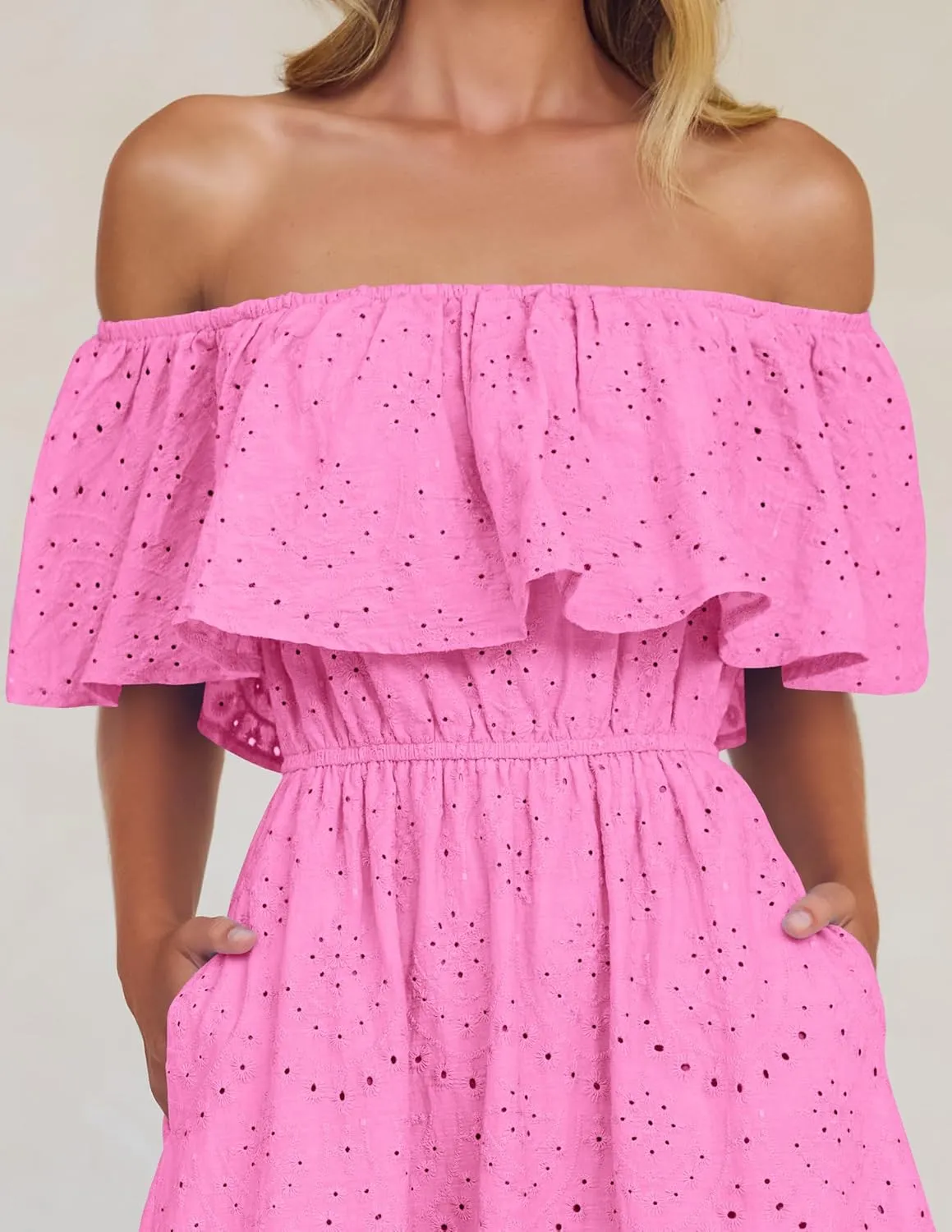 ZESICA Women's 2025 Summer Off Shoulder Ruffle Midi Dress Short Sleeve High Waist Hollow Out Embroidery Party Dresses