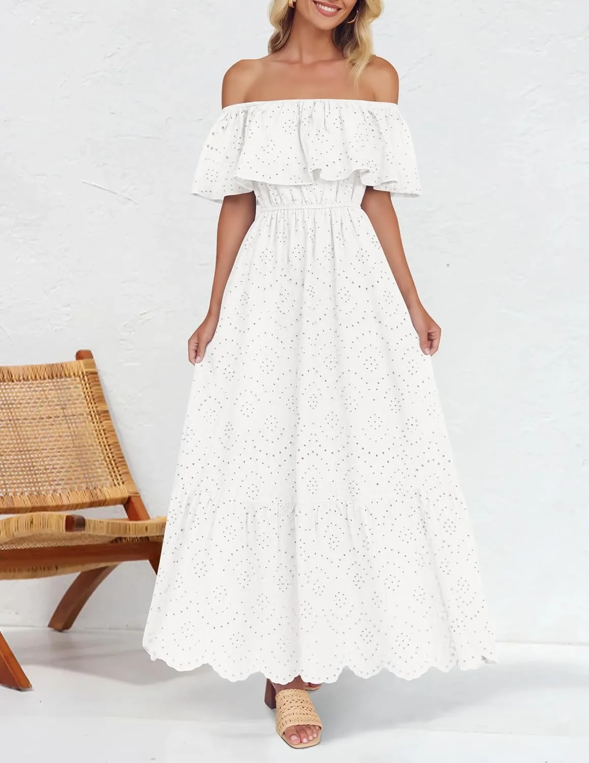 ZESICA Women's 2025 Summer Off Shoulder Ruffle Midi Dress Short Sleeve High Waist Hollow Out Embroidery Party Dresses