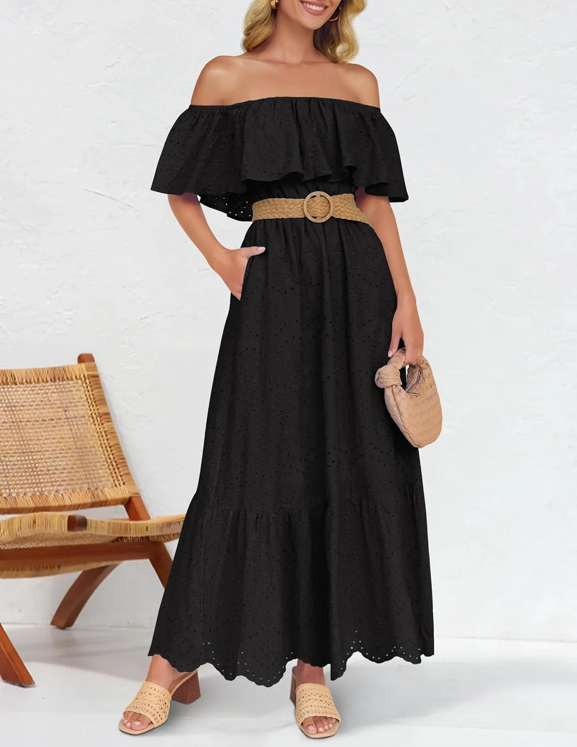 ZESICA Women's 2025 Summer Off Shoulder Ruffle Midi Dress Short Sleeve High Waist Hollow Out Embroidery Party Dresses
