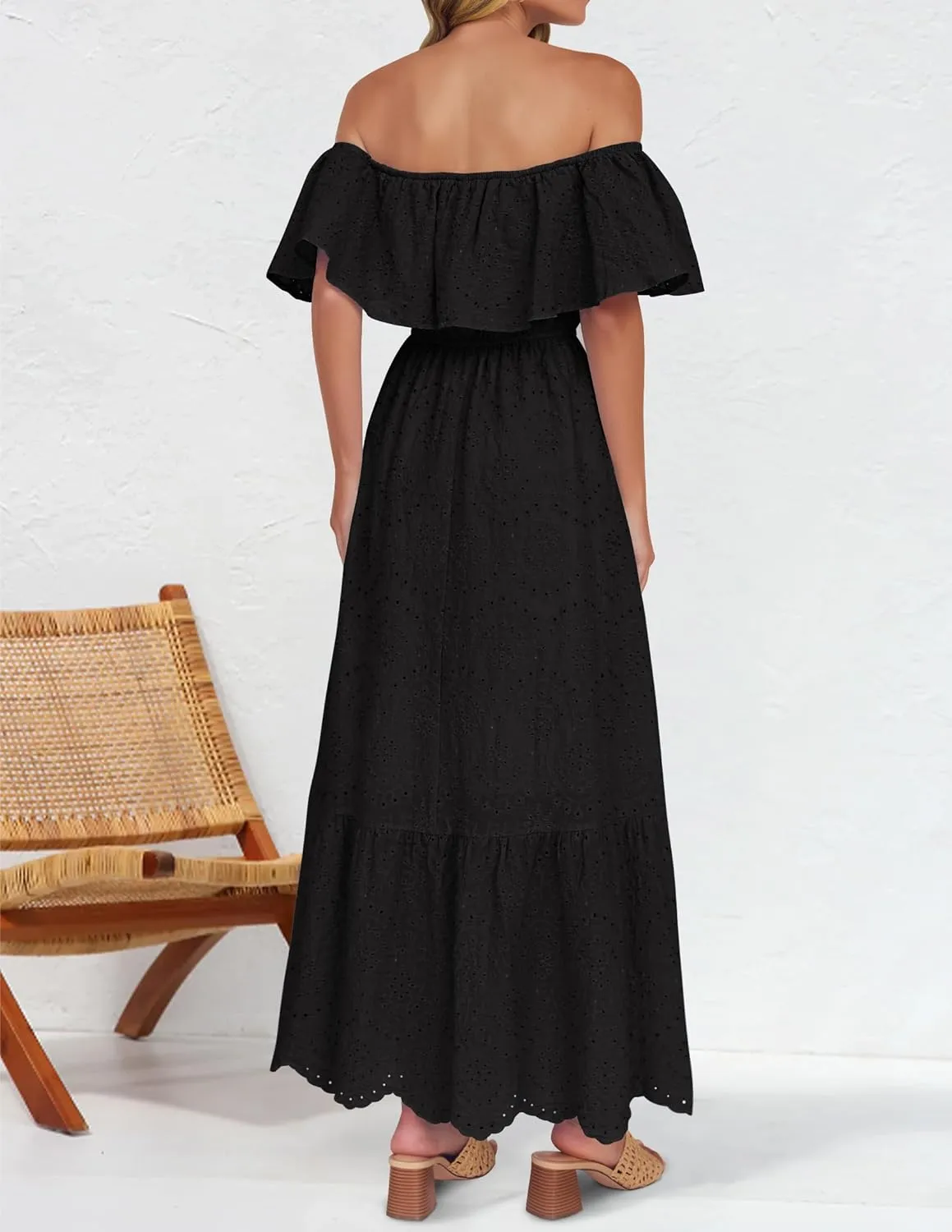 ZESICA Women's 2025 Summer Off Shoulder Ruffle Midi Dress Short Sleeve High Waist Hollow Out Embroidery Party Dresses