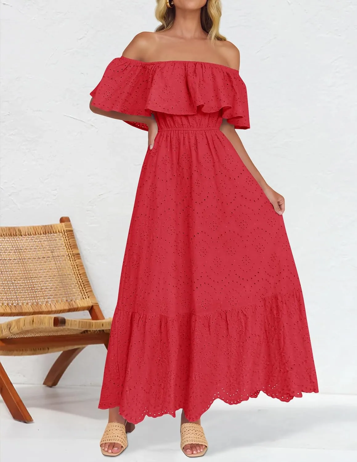 ZESICA Women's 2025 Summer Off Shoulder Ruffle Midi Dress Short Sleeve High Waist Hollow Out Embroidery Party Dresses