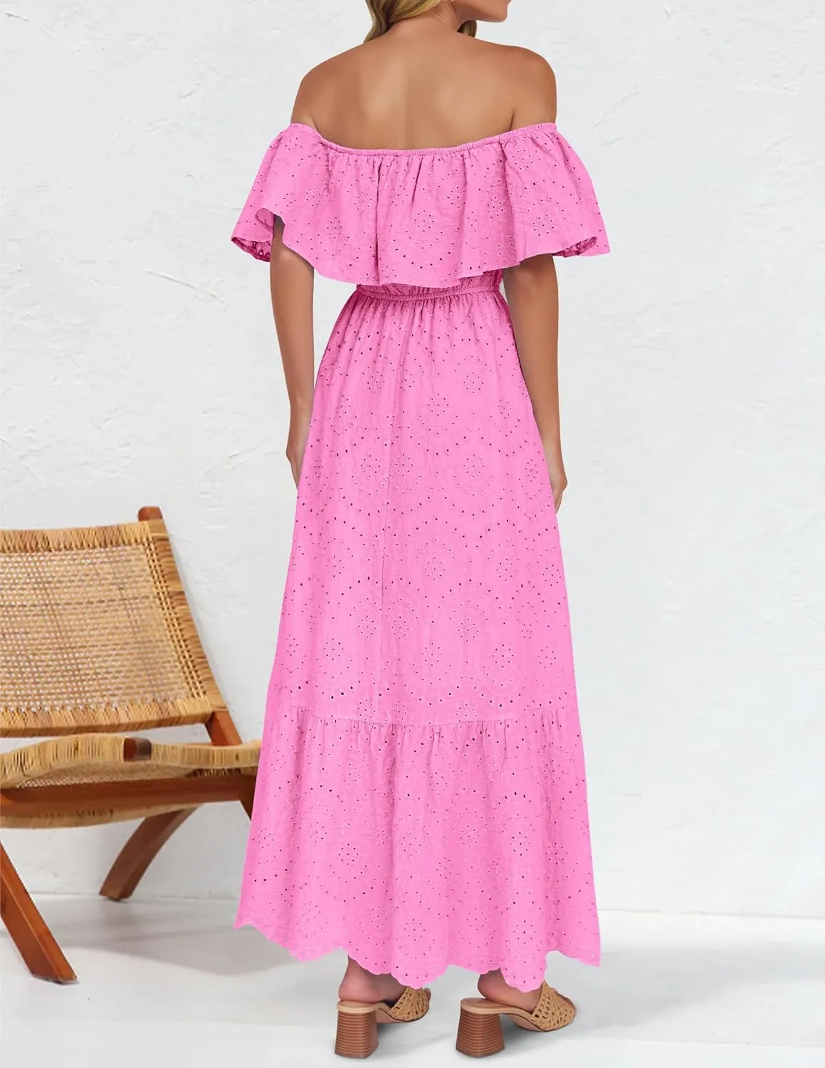 ZESICA Women's 2025 Summer Off Shoulder Ruffle Midi Dress Short Sleeve High Waist Hollow Out Embroidery Party Dresses