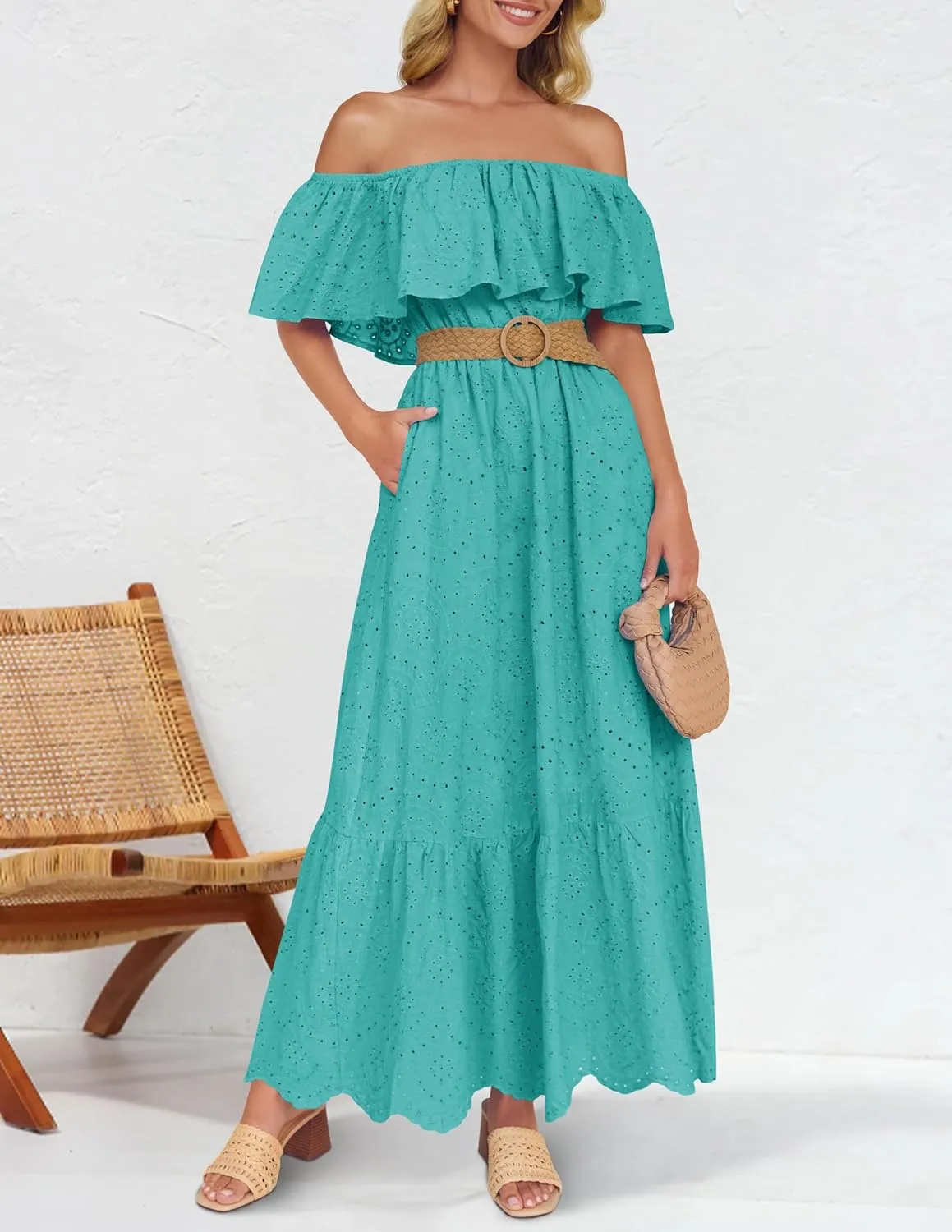 ZESICA Women's 2025 Summer Off Shoulder Ruffle Midi Dress Short Sleeve High Waist Hollow Out Embroidery Party Dresses