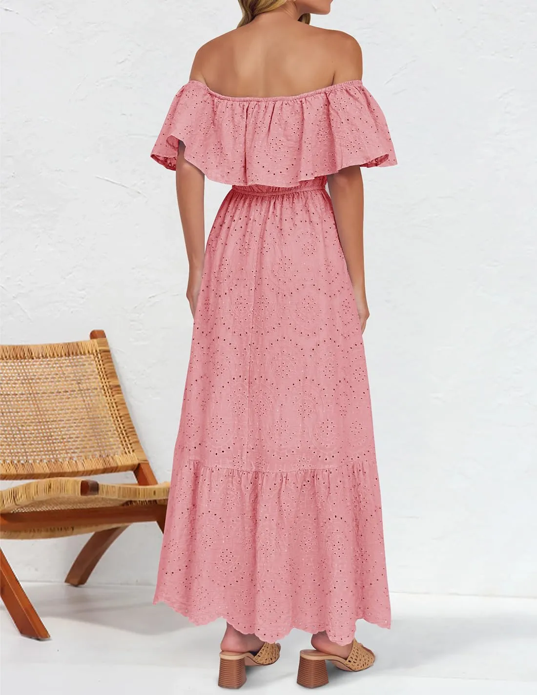 ZESICA Women's 2025 Summer Off Shoulder Ruffle Midi Dress Short Sleeve High Waist Hollow Out Embroidery Party Dresses