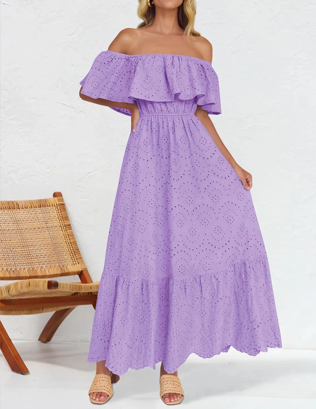 ZESICA Women's 2025 Summer Off Shoulder Ruffle Midi Dress Short Sleeve High Waist Hollow Out Embroidery Party Dresses