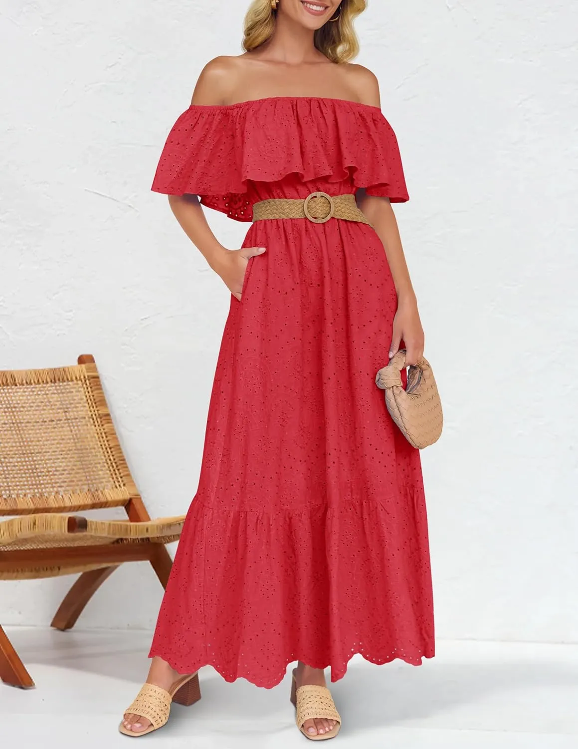 ZESICA Women's 2025 Summer Off Shoulder Ruffle Midi Dress Short Sleeve High Waist Hollow Out Embroidery Party Dresses