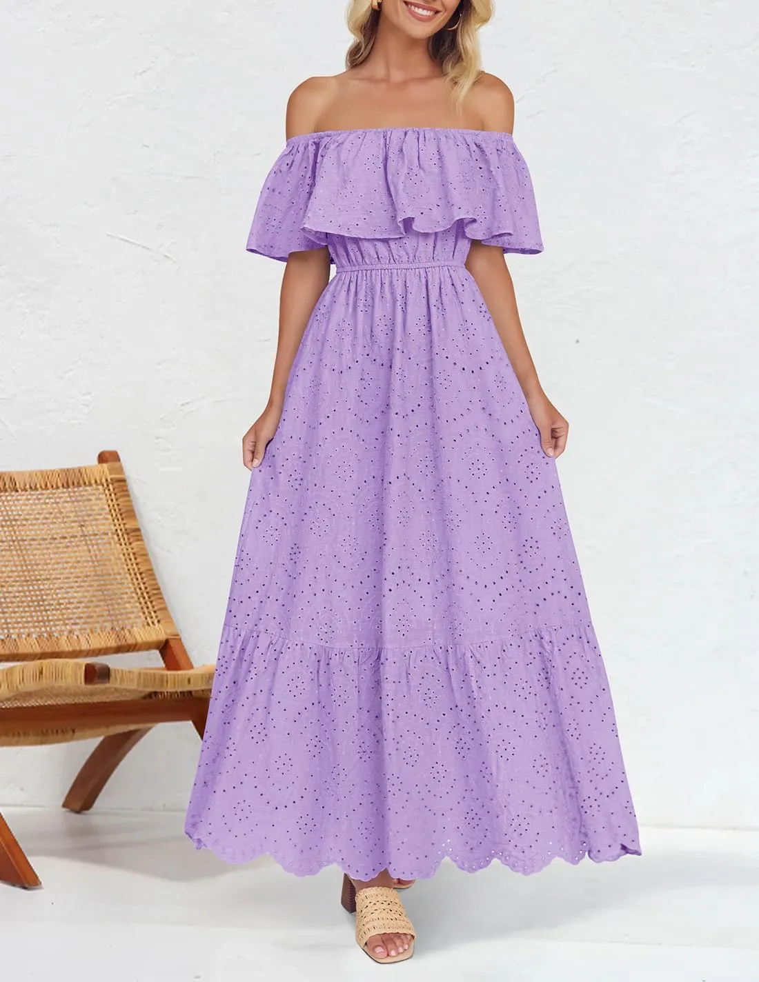 ZESICA Women's 2025 Summer Off Shoulder Ruffle Midi Dress Short Sleeve High Waist Hollow Out Embroidery Party Dresses