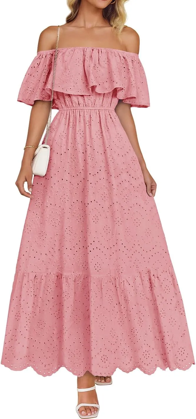 ZESICA Women's 2025 Summer Off Shoulder Ruffle Midi Dress Short Sleeve High Waist Hollow Out Embroidery Party Dresses