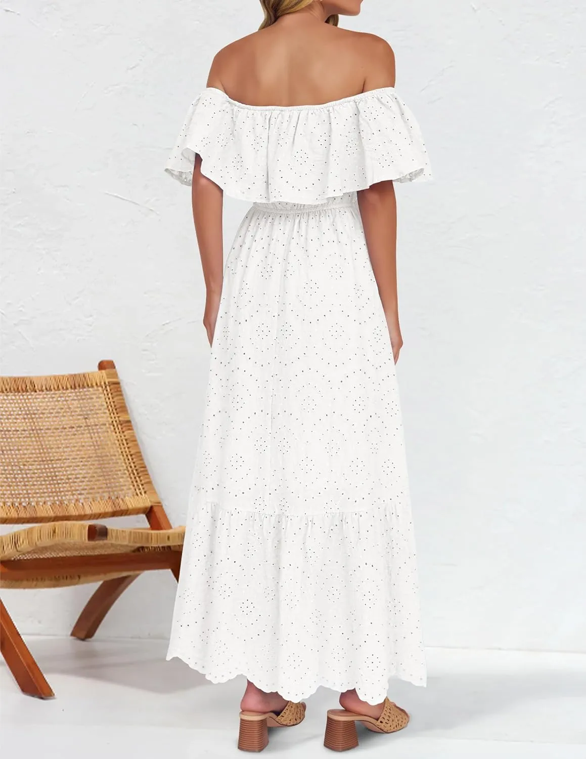 ZESICA Women's 2025 Summer Off Shoulder Ruffle Midi Dress Short Sleeve High Waist Hollow Out Embroidery Party Dresses