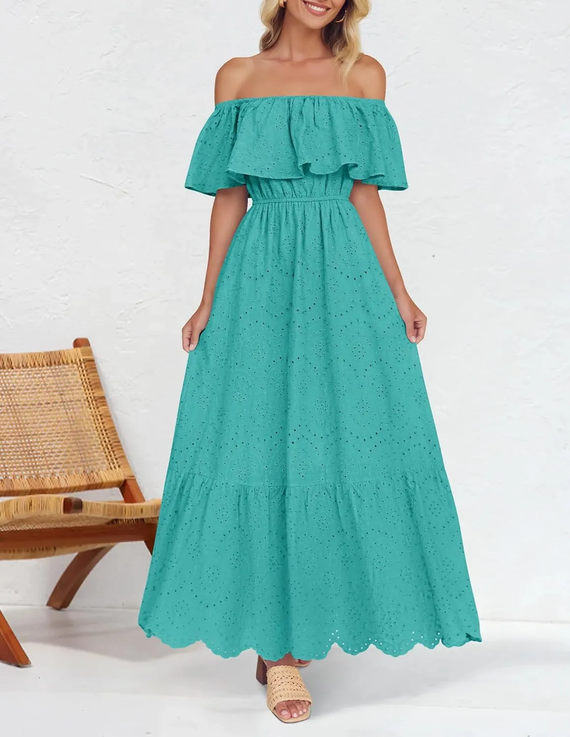 ZESICA Women's 2025 Summer Off Shoulder Ruffle Midi Dress Short Sleeve High Waist Hollow Out Embroidery Party Dresses
