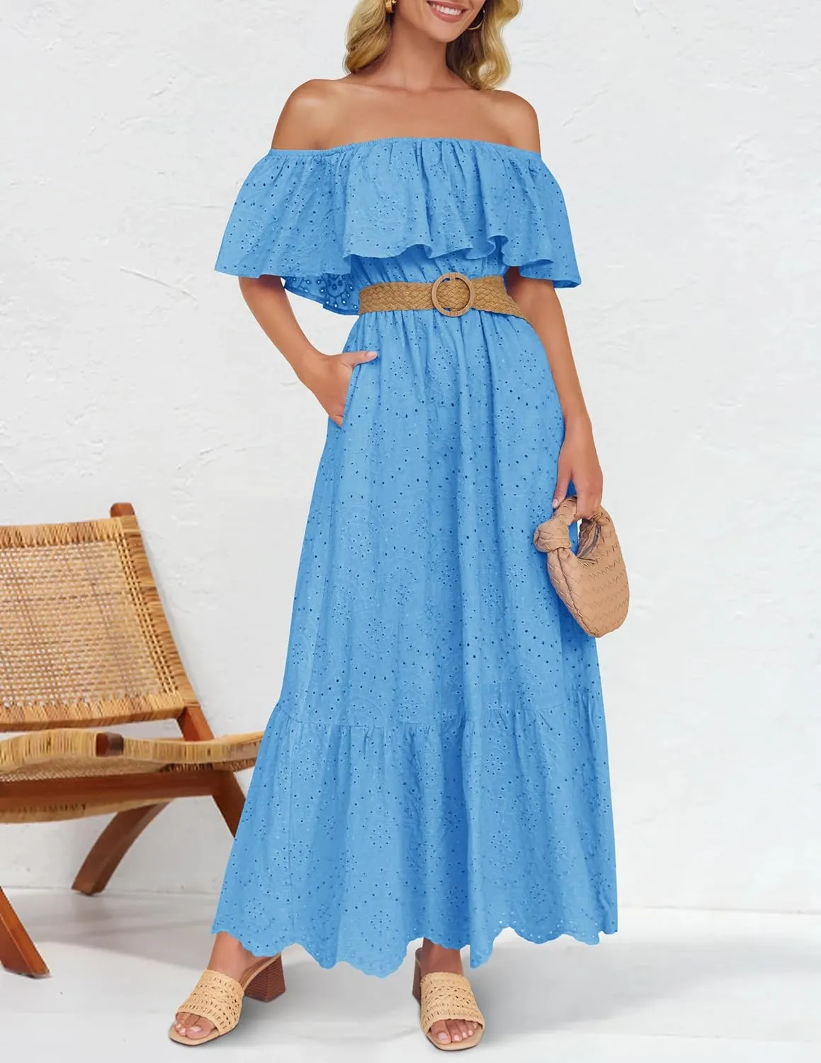 ZESICA Women's 2025 Summer Off Shoulder Ruffle Midi Dress Short Sleeve High Waist Hollow Out Embroidery Party Dresses