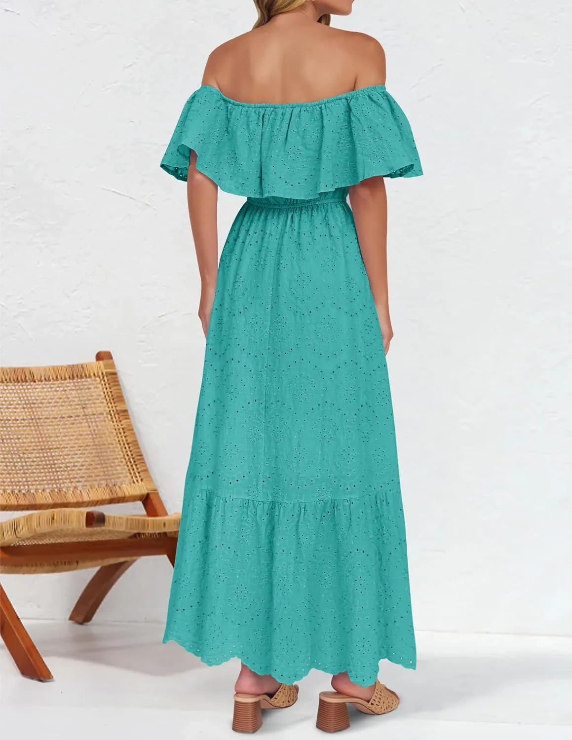 ZESICA Women's 2025 Summer Off Shoulder Ruffle Midi Dress Short Sleeve High Waist Hollow Out Embroidery Party Dresses