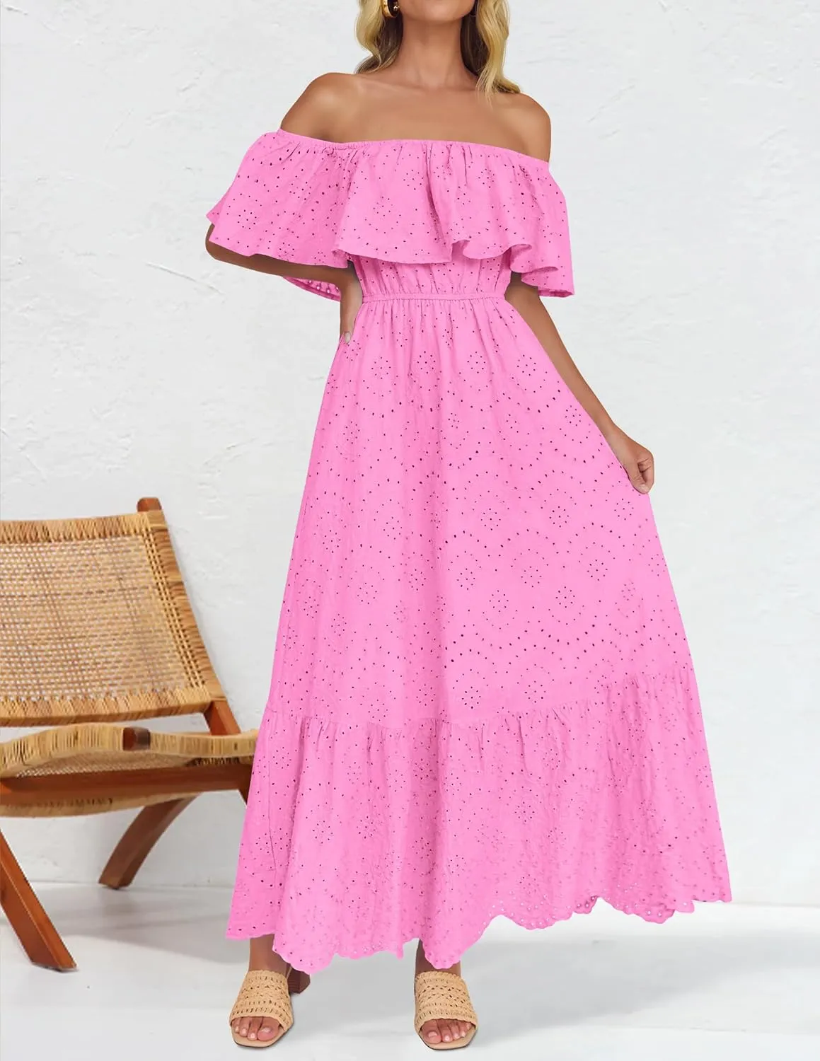 ZESICA Women's 2025 Summer Off Shoulder Ruffle Midi Dress Short Sleeve High Waist Hollow Out Embroidery Party Dresses