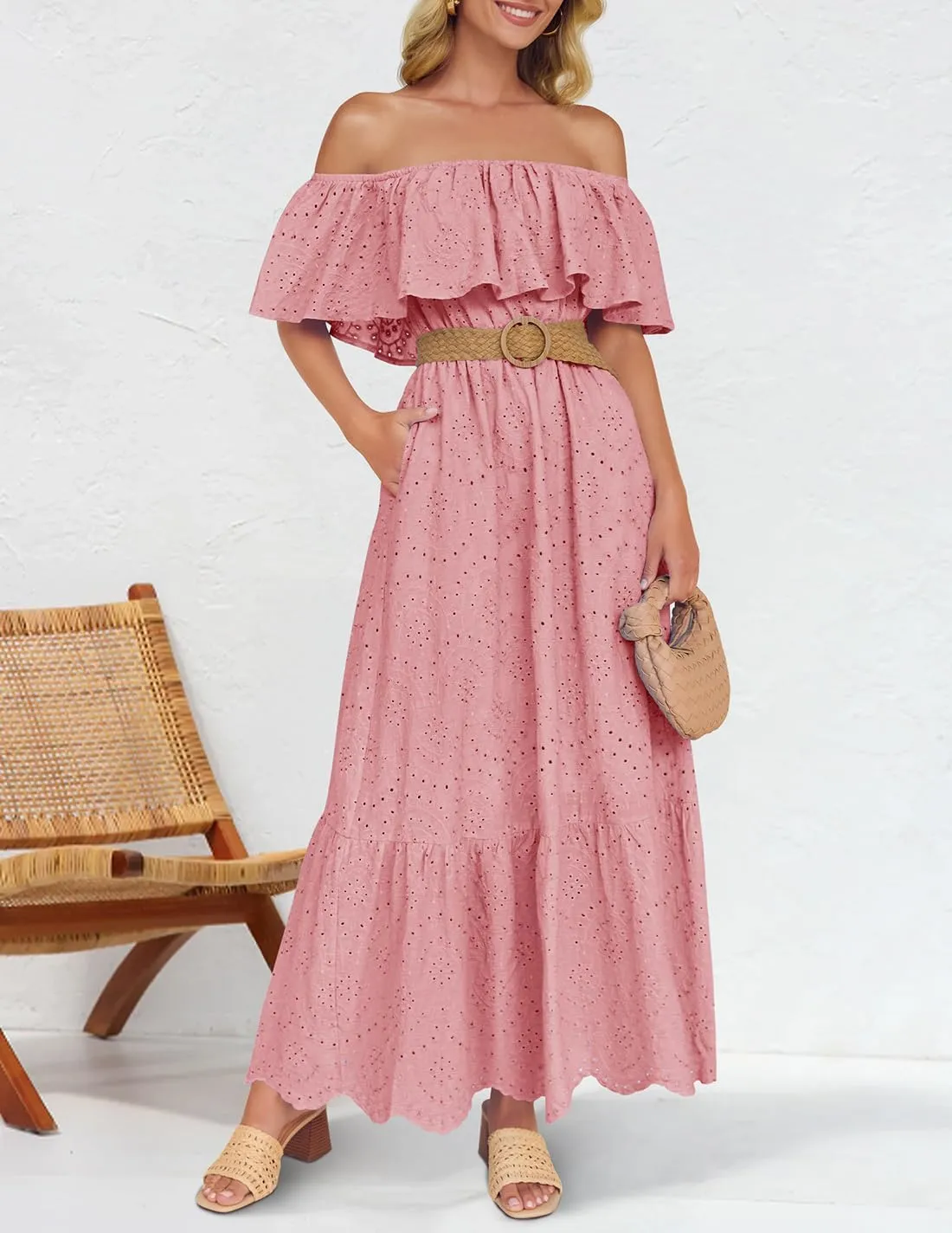 ZESICA Women's 2025 Summer Off Shoulder Ruffle Midi Dress Short Sleeve High Waist Hollow Out Embroidery Party Dresses