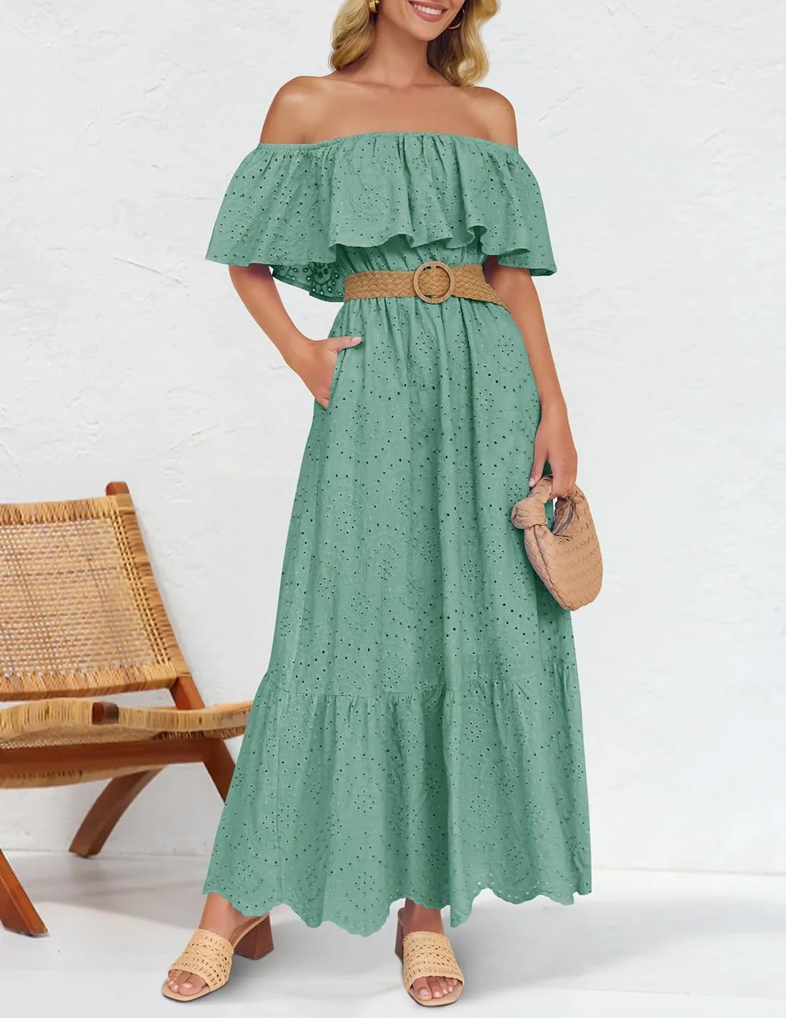 ZESICA Women's 2025 Summer Off Shoulder Ruffle Midi Dress Short Sleeve High Waist Hollow Out Embroidery Party Dresses