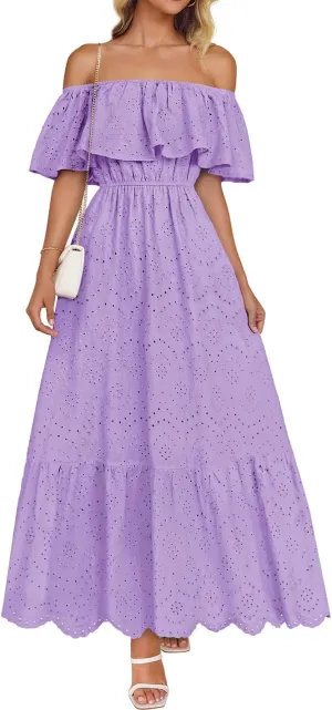 ZESICA Women's 2025 Summer Off Shoulder Ruffle Midi Dress Short Sleeve High Waist Hollow Out Embroidery Party Dresses