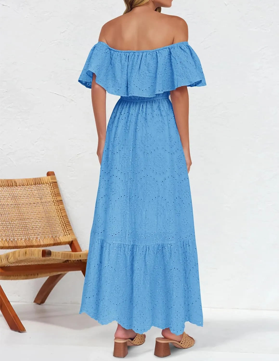 ZESICA Women's 2025 Summer Off Shoulder Ruffle Midi Dress Short Sleeve High Waist Hollow Out Embroidery Party Dresses