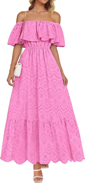 ZESICA Women's 2025 Summer Off Shoulder Ruffle Midi Dress Short Sleeve High Waist Hollow Out Embroidery Party Dresses