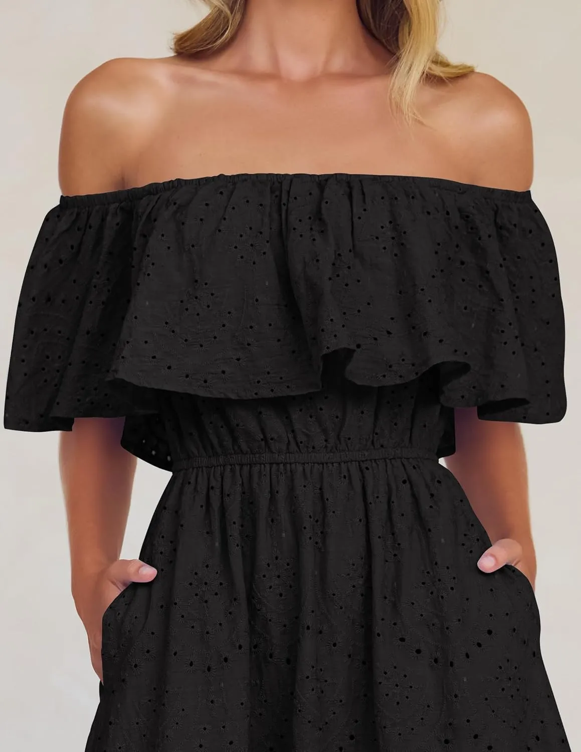 ZESICA Women's 2025 Summer Off Shoulder Ruffle Midi Dress Short Sleeve High Waist Hollow Out Embroidery Party Dresses