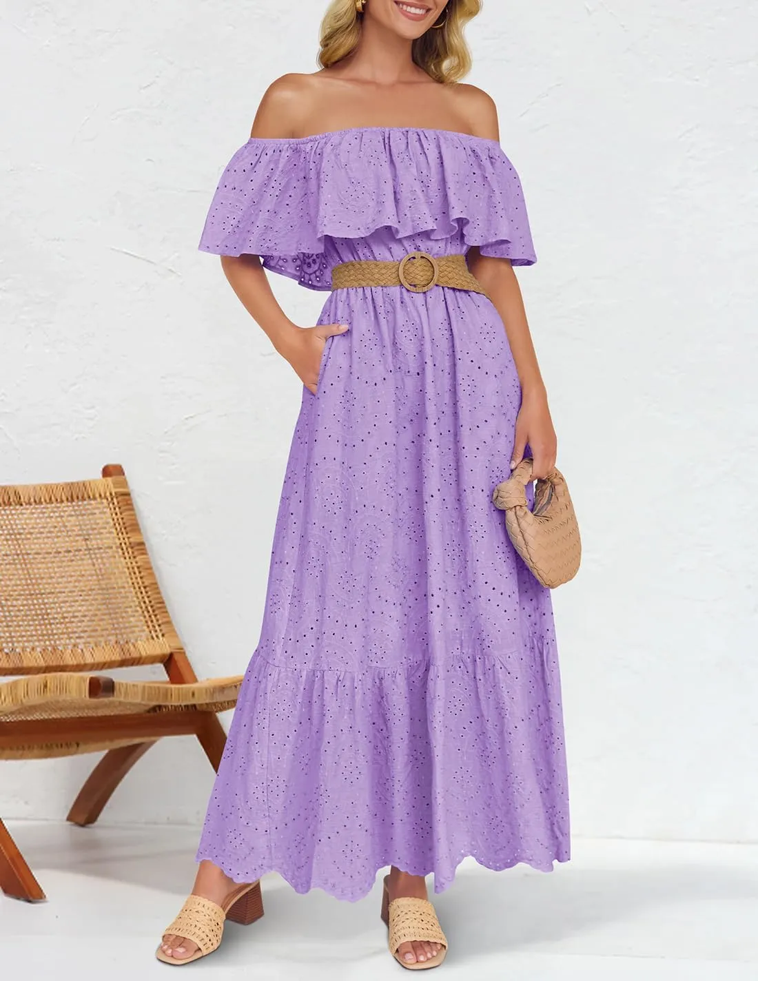 ZESICA Women's 2025 Summer Off Shoulder Ruffle Midi Dress Short Sleeve High Waist Hollow Out Embroidery Party Dresses
